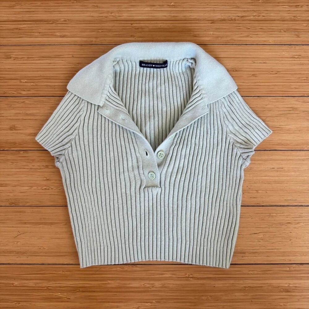 Brandy Melville Sage Green Ribbed Polo Crop Top 100% Cotton Y2K